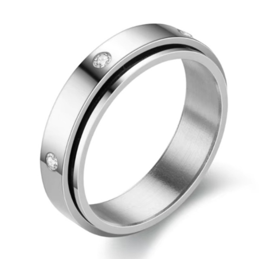 Stainless Steel CZ Spinner Ring Silver Band Fidget Ring Minimalist Crystal Inlay